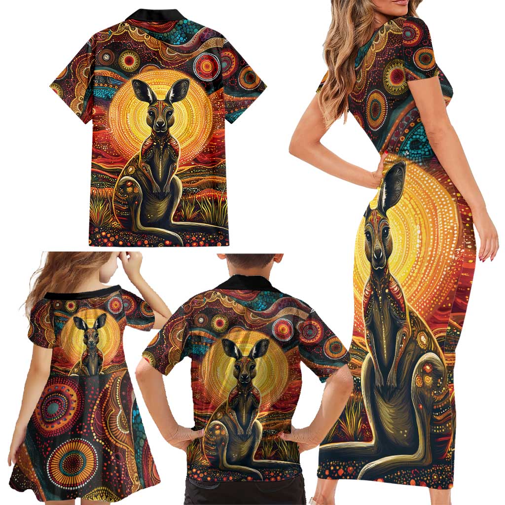 Australian Aboriginal Art Kangaroo Family Matching Short Sleeve Bodycon Dress and Hawaiian Shirt Maintain the Dreaming Aboriginal Dot Painting