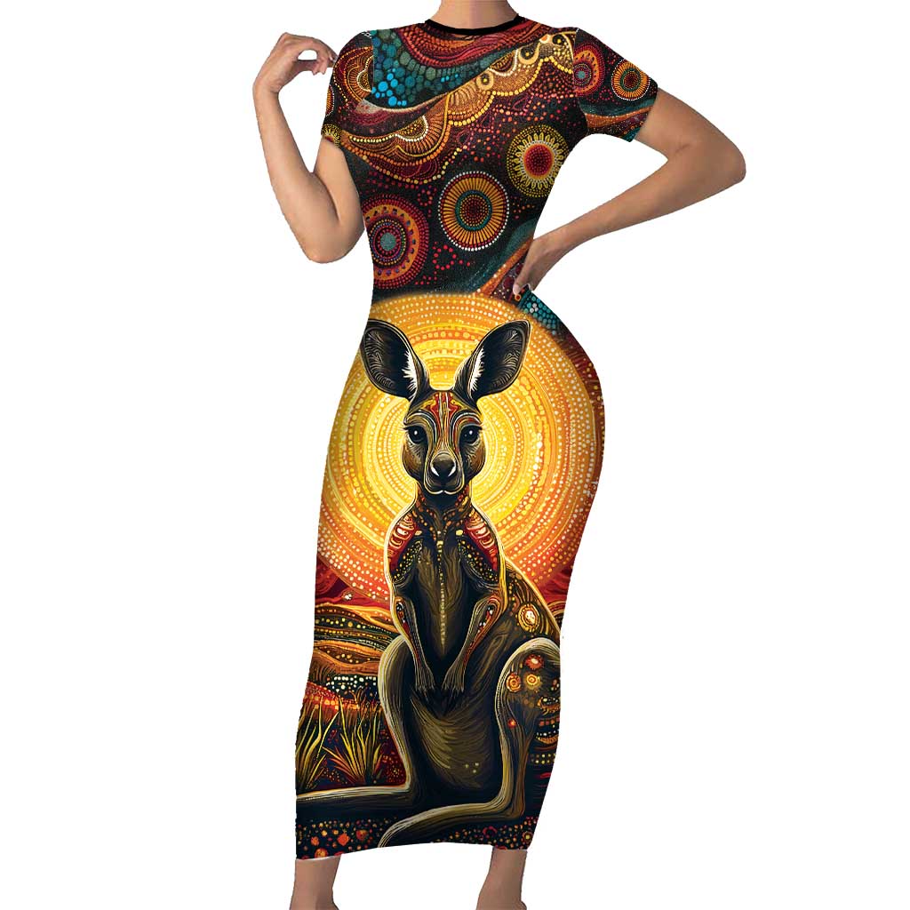 Australian Aboriginal Art Kangaroo Family Matching Short Sleeve Bodycon Dress and Hawaiian Shirt Maintain the Dreaming Aboriginal Dot Painting
