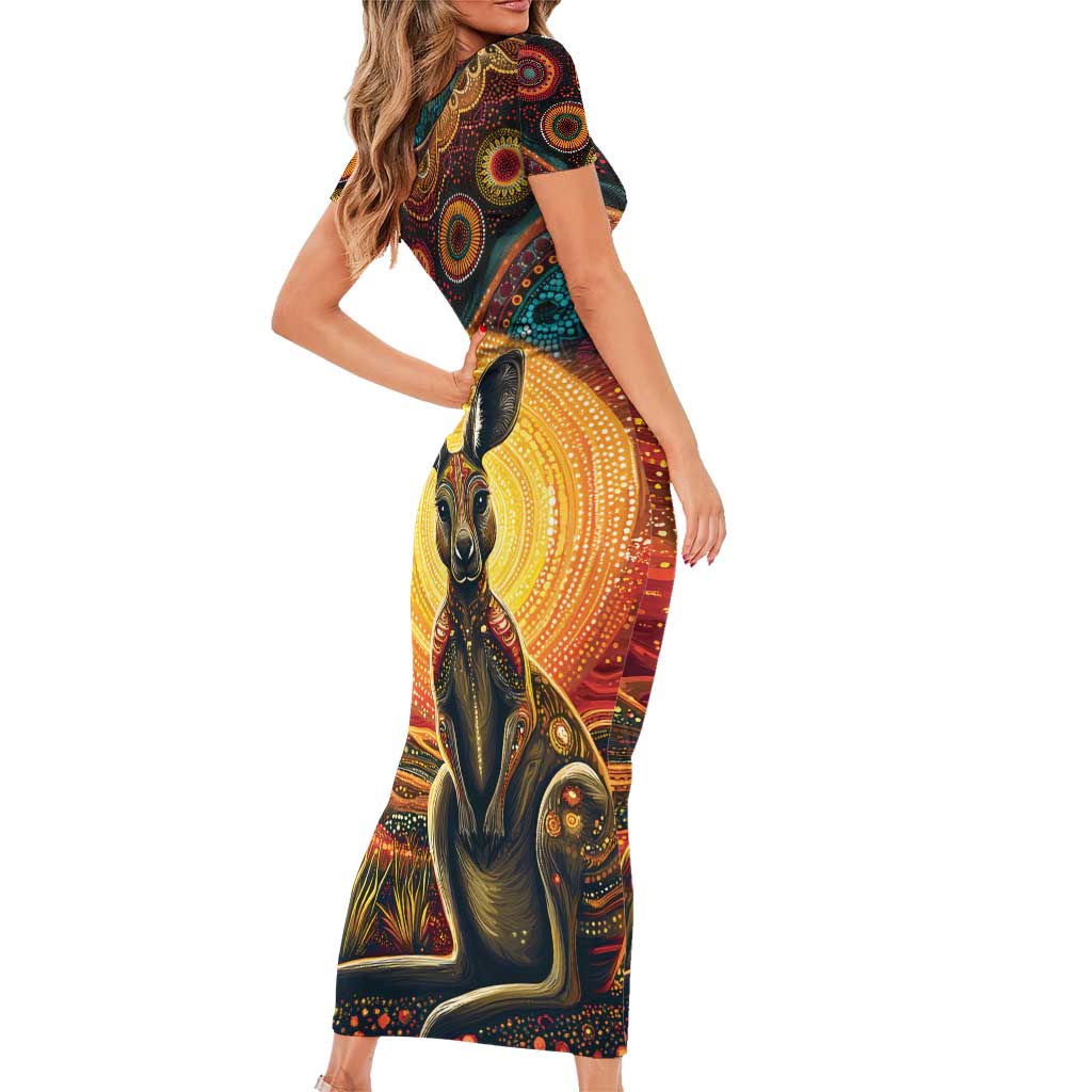 Australian Aboriginal Art Kangaroo Family Matching Short Sleeve Bodycon Dress and Hawaiian Shirt Maintain the Dreaming Aboriginal Dot Painting
