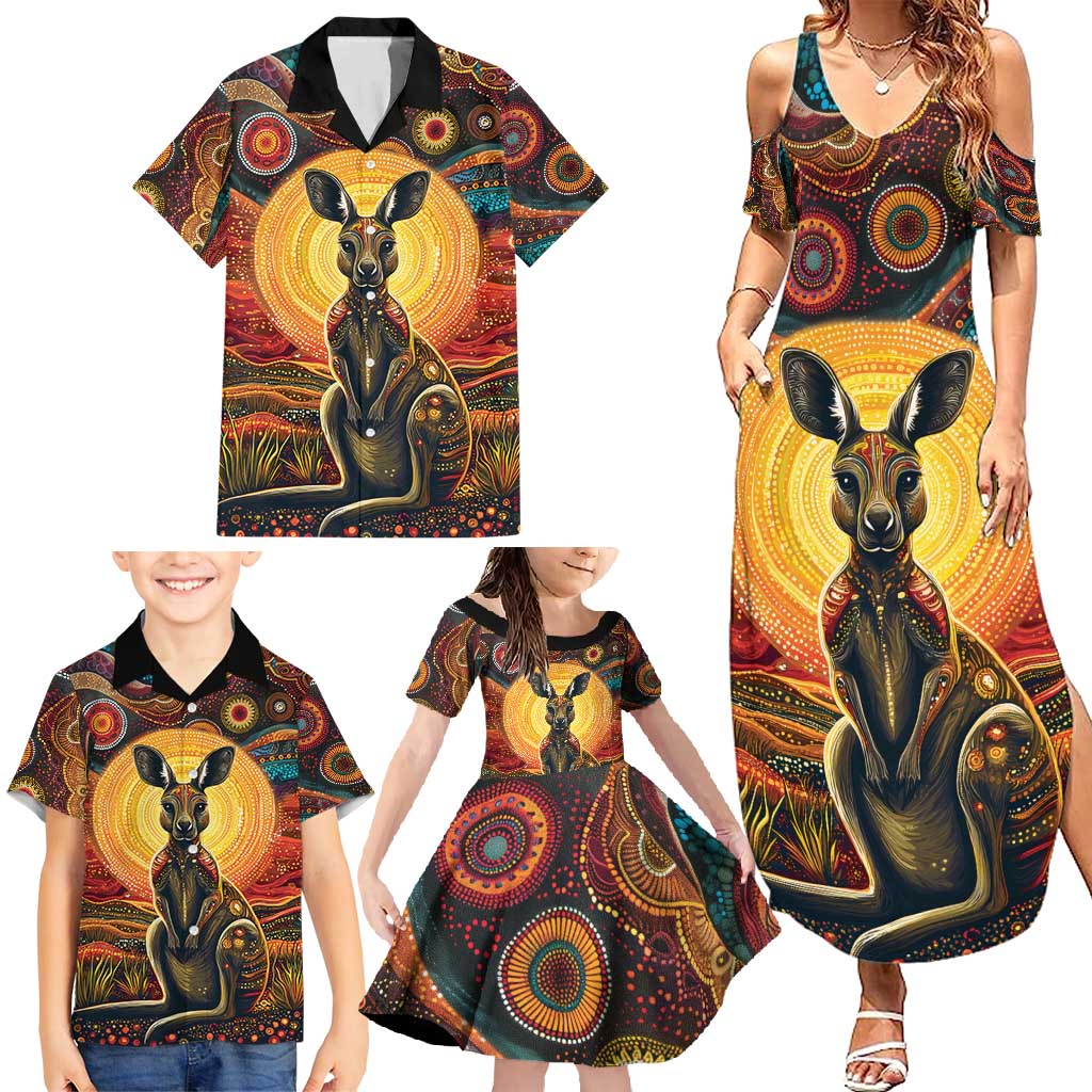 Australian Aboriginal Art Kangaroo Family Matching Summer Maxi Dress and Hawaiian Shirt Maintain the Dreaming Aboriginal Dot Painting