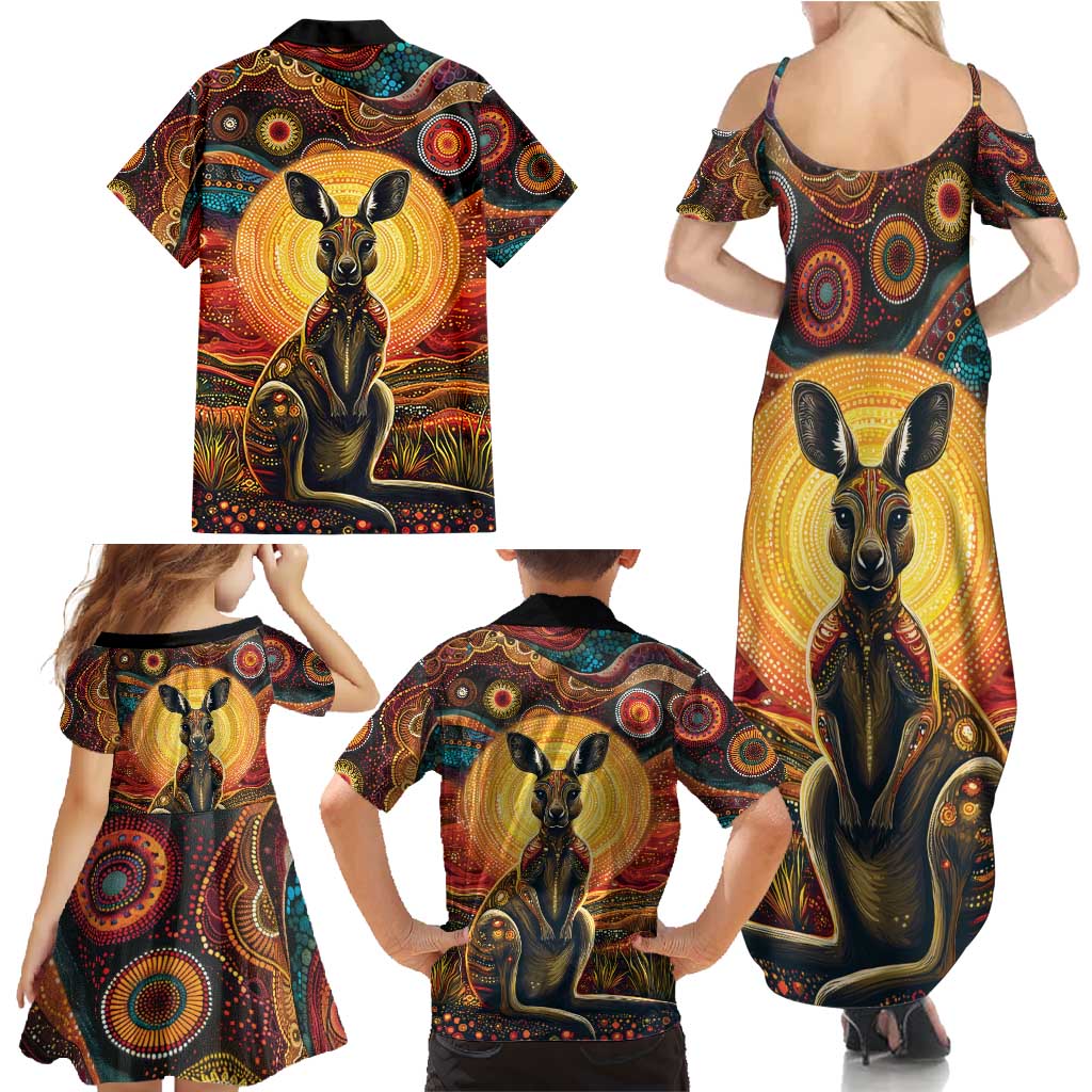 Australian Aboriginal Art Kangaroo Family Matching Summer Maxi Dress and Hawaiian Shirt Maintain the Dreaming Aboriginal Dot Painting