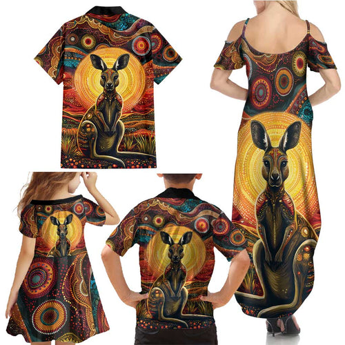 Australian Aboriginal Art Kangaroo Family Matching Summer Maxi Dress and Hawaiian Shirt Maintain the Dreaming Aboriginal Dot Painting