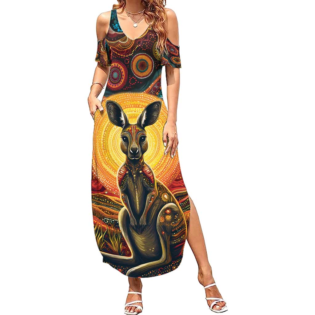 Australian Aboriginal Art Kangaroo Family Matching Summer Maxi Dress and Hawaiian Shirt Maintain the Dreaming Aboriginal Dot Painting