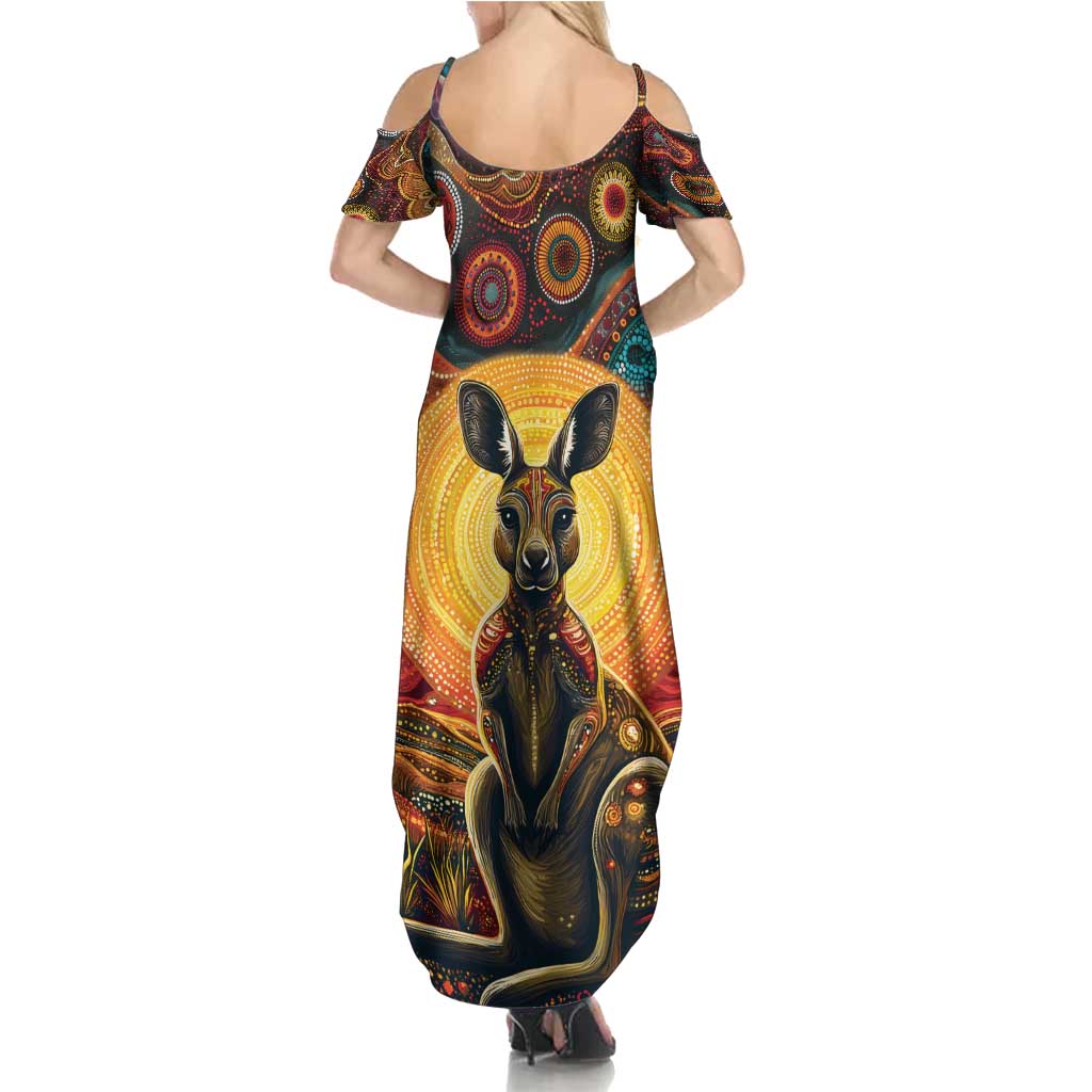 Australian Aboriginal Art Kangaroo Family Matching Summer Maxi Dress and Hawaiian Shirt Maintain the Dreaming Aboriginal Dot Painting