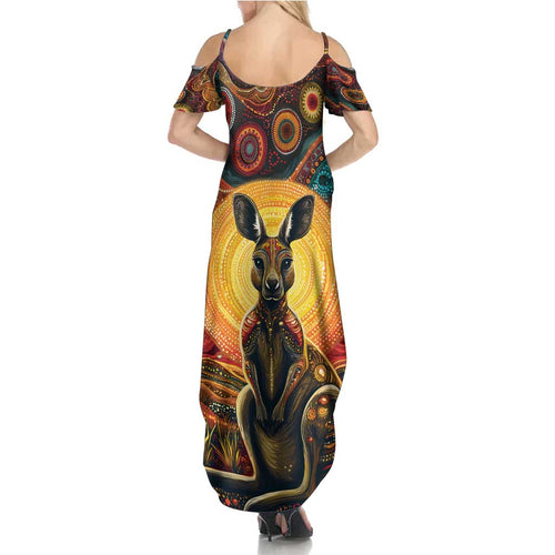 Australian Aboriginal Art Kangaroo Family Matching Summer Maxi Dress and Hawaiian Shirt Maintain the Dreaming Aboriginal Dot Painting