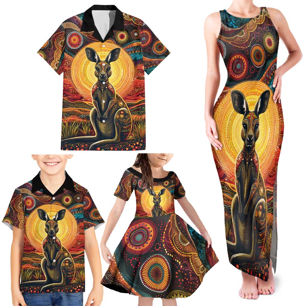 Australian Aboriginal Art Kangaroo Family Matching Tank Maxi Dress and Hawaiian Shirt Maintain the Dreaming Aboriginal Dot Painting