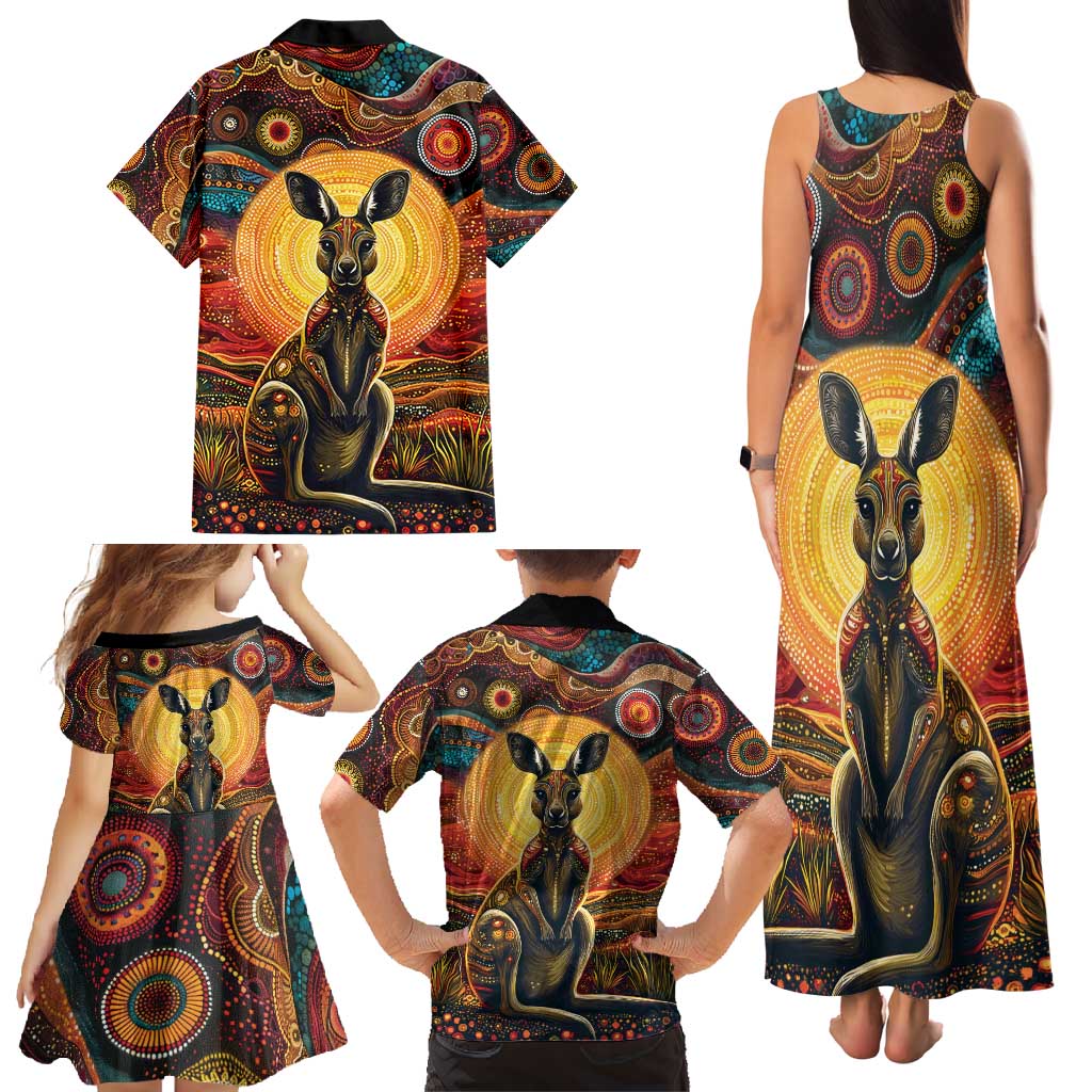 Australian Aboriginal Art Kangaroo Family Matching Tank Maxi Dress and Hawaiian Shirt Maintain the Dreaming Aboriginal Dot Painting