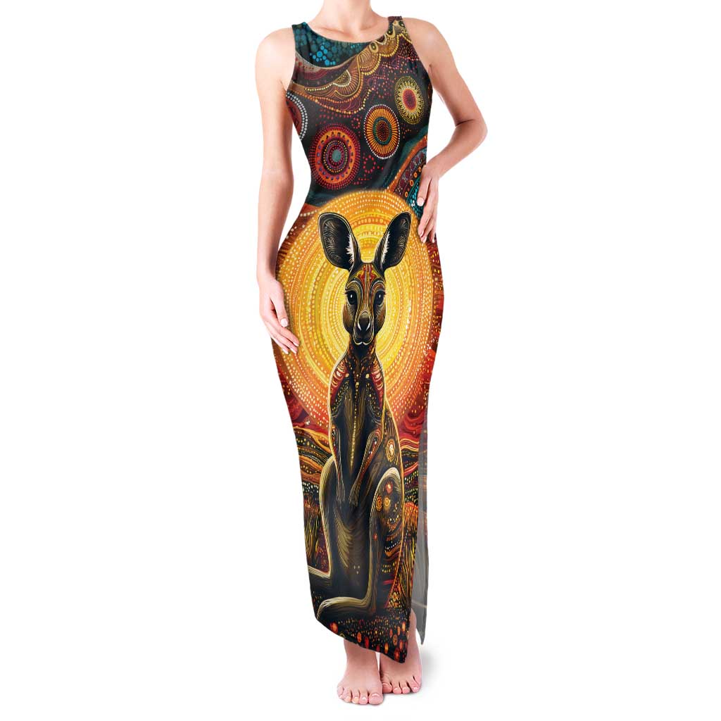 Australian Aboriginal Art Kangaroo Family Matching Tank Maxi Dress and Hawaiian Shirt Maintain the Dreaming Aboriginal Dot Painting