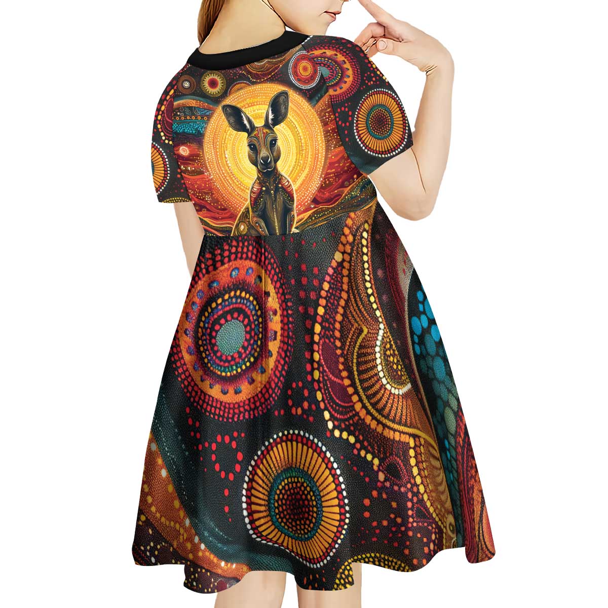 Australian Aboriginal Art Kangaroo Kid Short Sleeve Dress Maintain the Dreaming Aboriginal Dot Painting