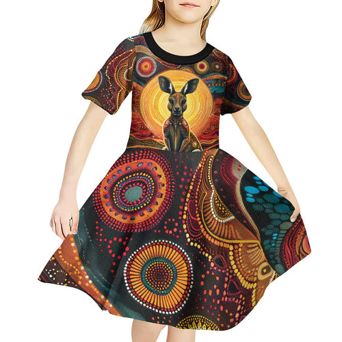 Australian Aboriginal Art Kangaroo Kid Short Sleeve Dress Maintain the Dreaming Aboriginal Dot Painting