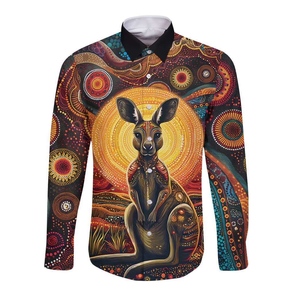 Australian Aboriginal Art Kangaroo Long Sleeve Button Shirt Maintain the Dreaming Aboriginal Dot Painting