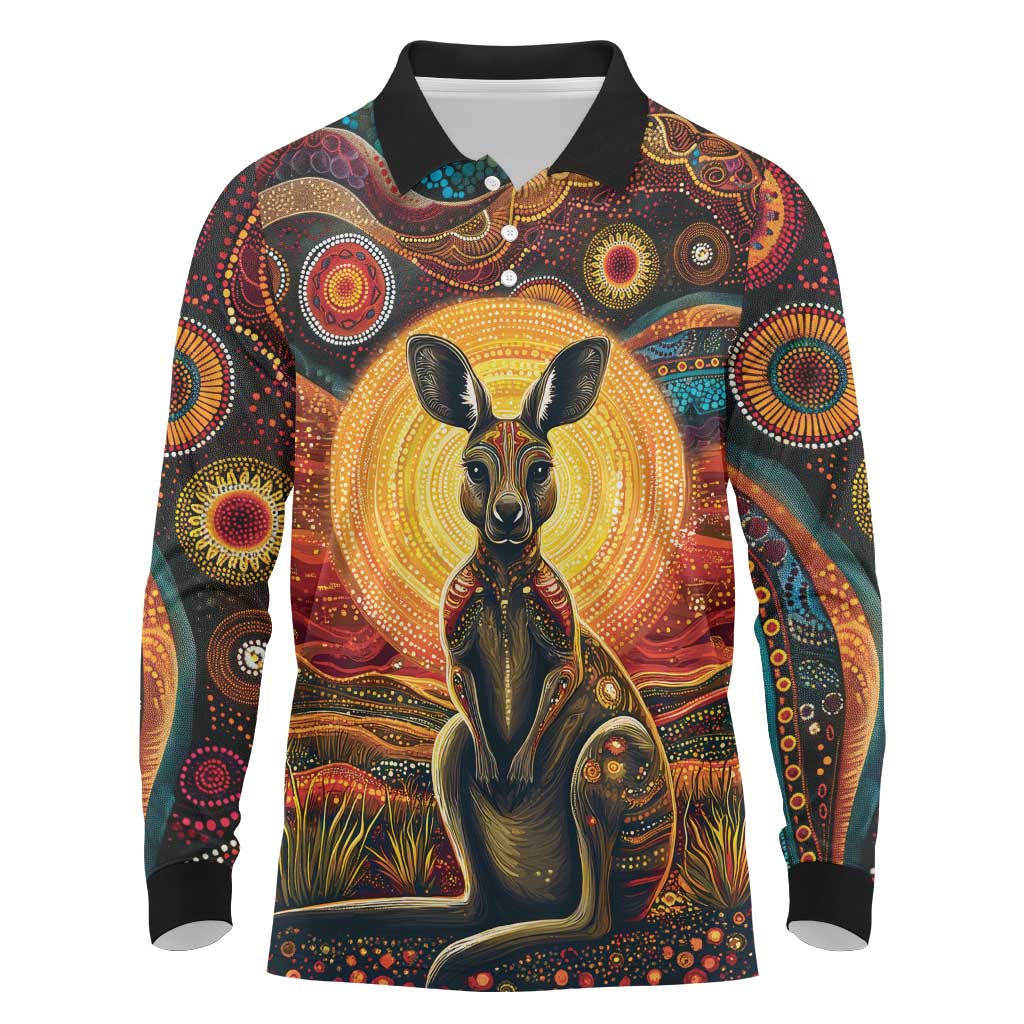 Australian Aboriginal Art Kangaroo Long Sleeve Polo Shirt Maintain the Dreaming Aboriginal Dot Painting