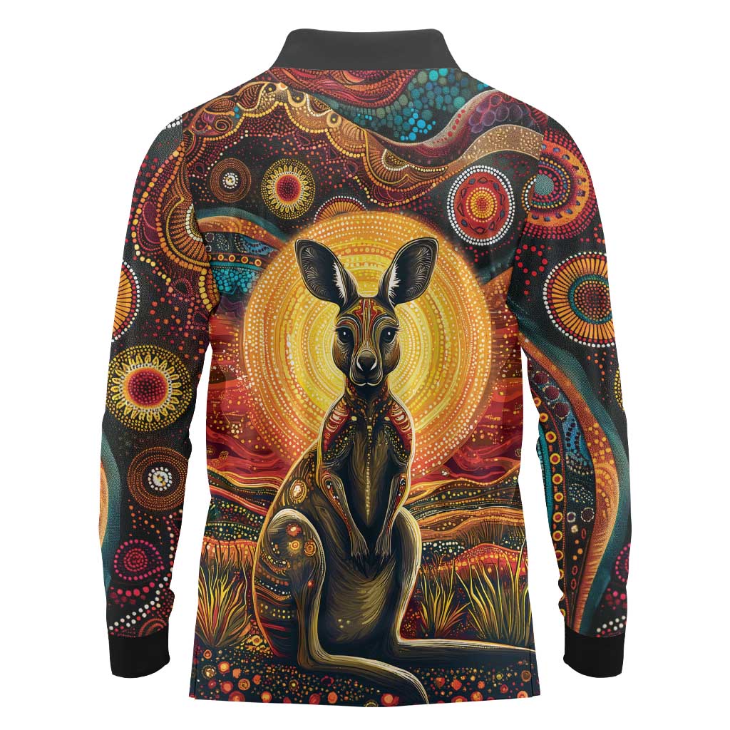 Australian Aboriginal Art Kangaroo Long Sleeve Polo Shirt Maintain the Dreaming Aboriginal Dot Painting