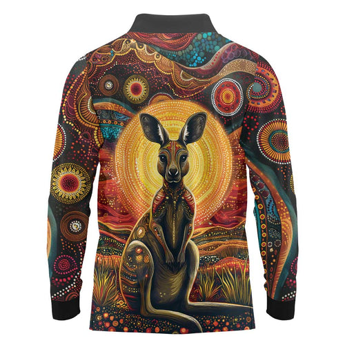 Australian Aboriginal Art Kangaroo Long Sleeve Polo Shirt Maintain the Dreaming Aboriginal Dot Painting