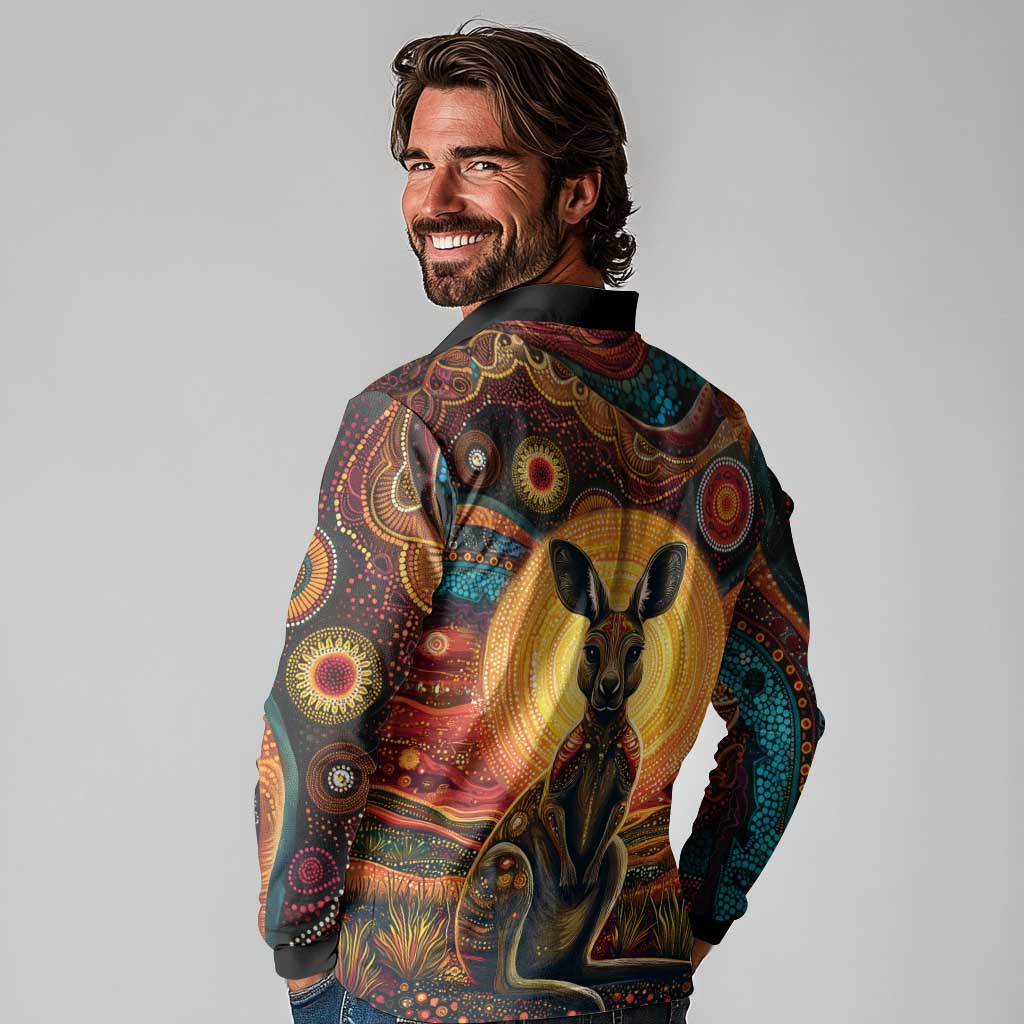 Australian Aboriginal Art Kangaroo Long Sleeve Polo Shirt Maintain the Dreaming Aboriginal Dot Painting