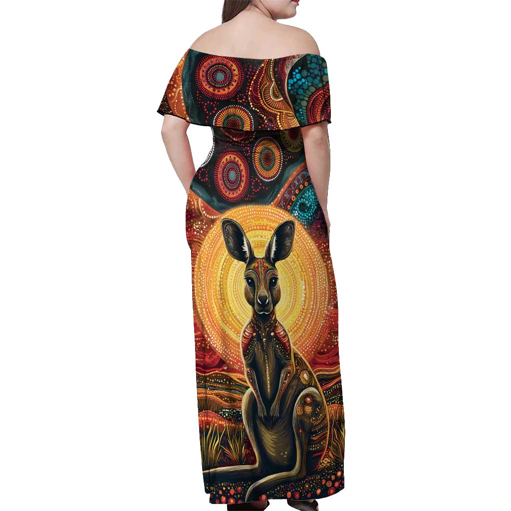 Australian Aboriginal Art Kangaroo Off Shoulder Maxi Dress Maintain the Dreaming Aboriginal Dot Painting