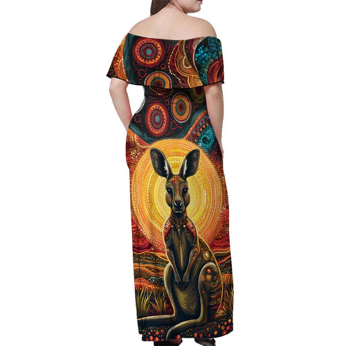 Australian Aboriginal Art Kangaroo Off Shoulder Maxi Dress Maintain the Dreaming Aboriginal Dot Painting