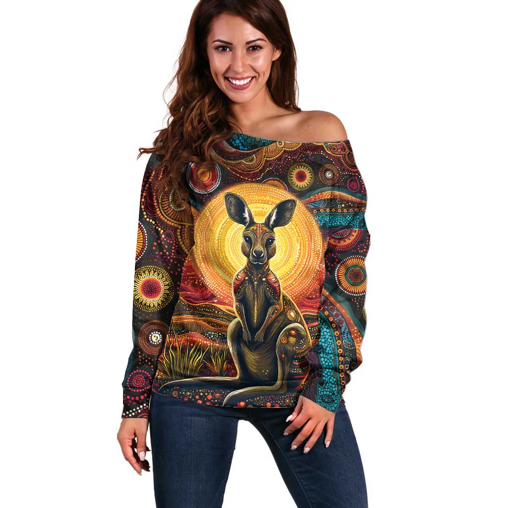 Australian Aboriginal Art Kangaroo Off Shoulder Sweater Maintain the Dreaming Aboriginal Dot Painting