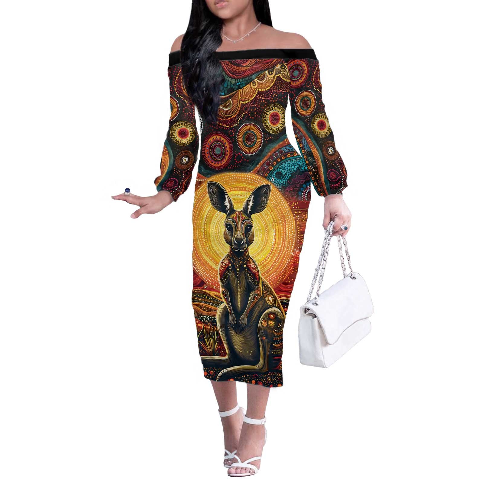 Australian Aboriginal Art Kangaroo Off The Shoulder Long Sleeve Dress Maintain the Dreaming Aboriginal Dot Painting