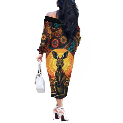 Australian Aboriginal Art Kangaroo Off The Shoulder Long Sleeve Dress Maintain the Dreaming Aboriginal Dot Painting