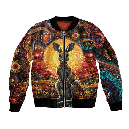 Australian Aboriginal Art Kangaroo Sleeve Zip Bomber Jacket Maintain the Dreaming Aboriginal Dot Painting