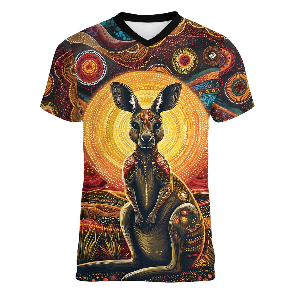 Australian Aboriginal Art Kangaroo Women V-Neck T-Shirt Maintain the Dreaming Aboriginal Dot Painting