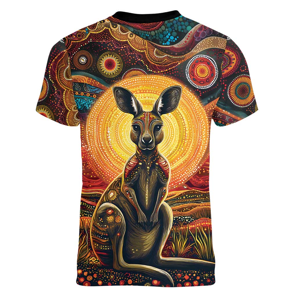 Australian Aboriginal Art Kangaroo Women V-Neck T-Shirt Maintain the Dreaming Aboriginal Dot Painting