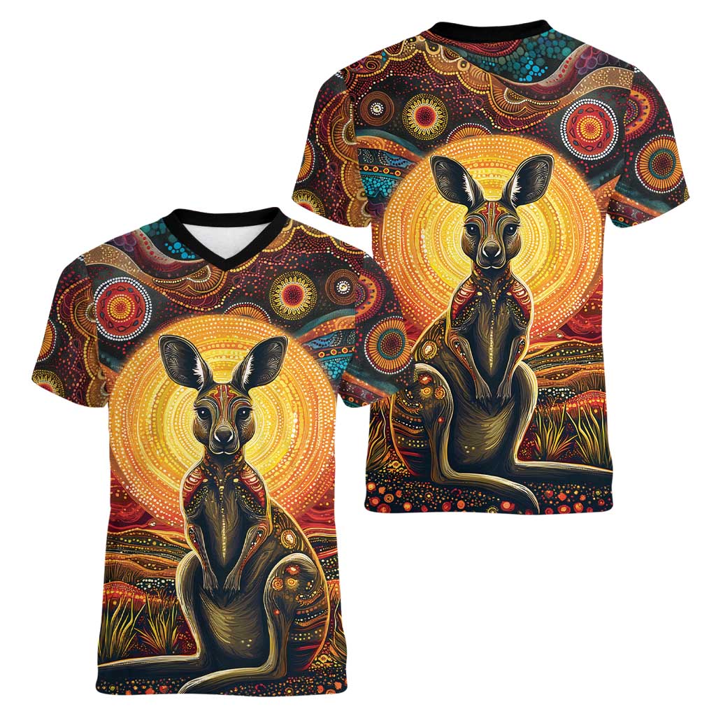 Australian Aboriginal Art Kangaroo Women V-Neck T-Shirt Maintain the Dreaming Aboriginal Dot Painting