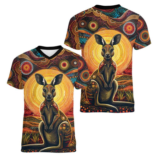 Australian Aboriginal Art Kangaroo Women V-Neck T-Shirt Maintain the Dreaming Aboriginal Dot Painting