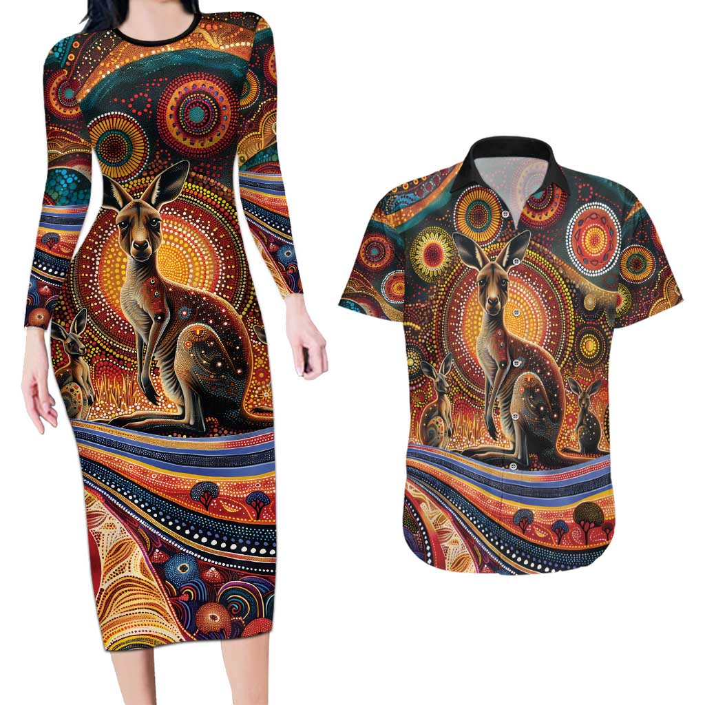 Australian Aboriginal Art Kangaroo Couples Matching Long Sleeve Bodycon Dress and Hawaiian Shirt Our Children Our Future Aboriginal Dot Painting