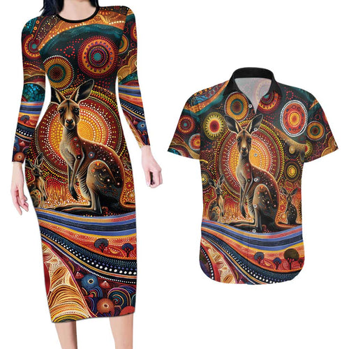 Australian Aboriginal Art Kangaroo Couples Matching Long Sleeve Bodycon Dress and Hawaiian Shirt Our Children Our Future Aboriginal Dot Painting