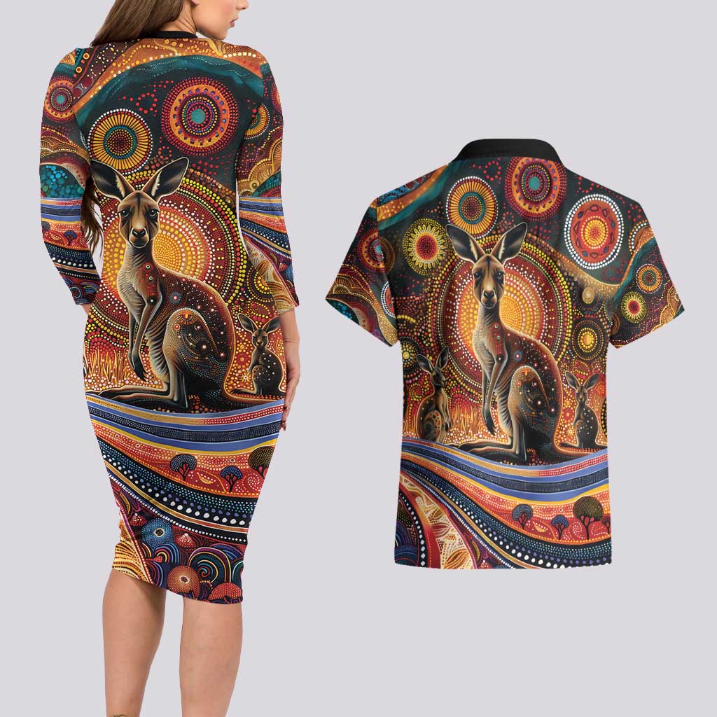 Australian Aboriginal Art Kangaroo Couples Matching Long Sleeve Bodycon Dress and Hawaiian Shirt Our Children Our Future Aboriginal Dot Painting
