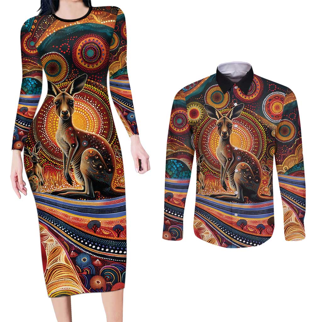 Australian Aboriginal Art Kangaroo Couples Matching Long Sleeve Bodycon Dress and Long Sleeve Button Shirt Our Children Our Future Aboriginal Dot Painting