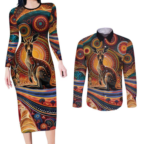 Australian Aboriginal Art Kangaroo Couples Matching Long Sleeve Bodycon Dress and Long Sleeve Button Shirt Our Children Our Future Aboriginal Dot Painting