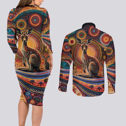 Australian Aboriginal Art Kangaroo Couples Matching Long Sleeve Bodycon Dress and Long Sleeve Button Shirt Our Children Our Future Aboriginal Dot Painting
