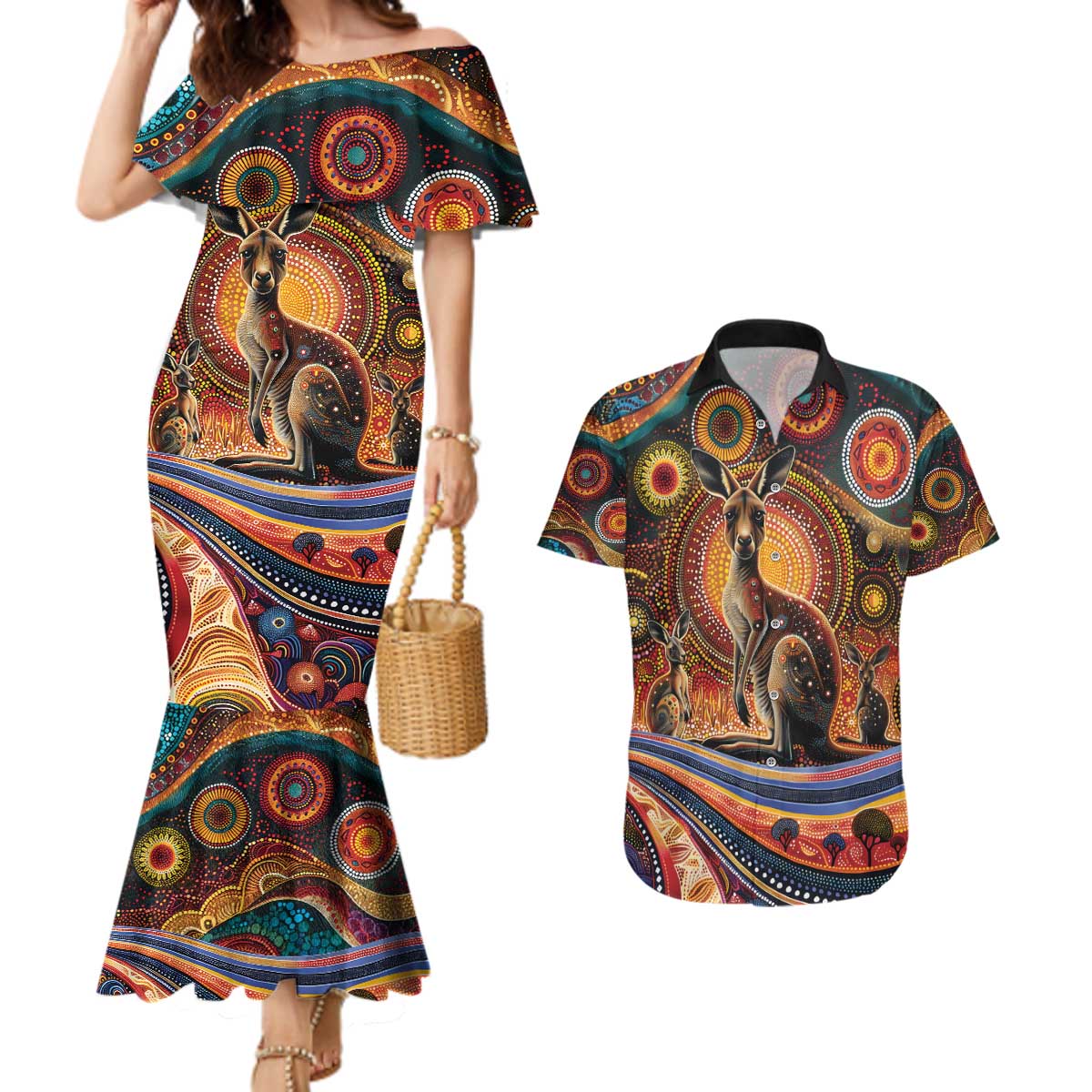 Australian Aboriginal Art Kangaroo Couples Matching Mermaid Dress and Hawaiian Shirt Our Children Our Future Aboriginal Dot Painting