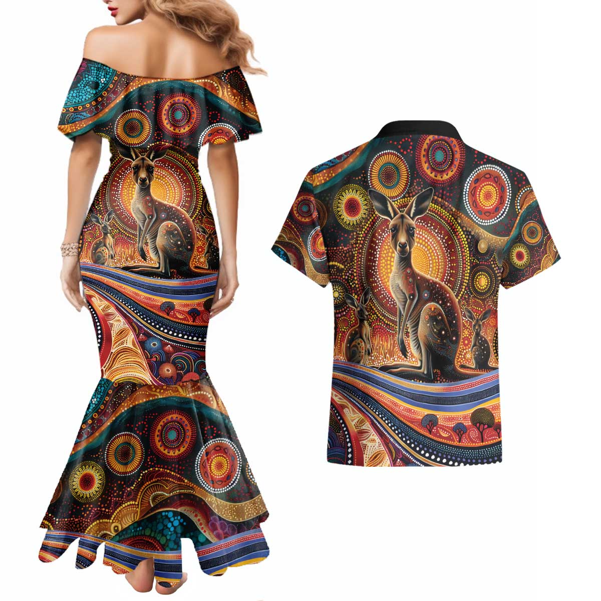 Australian Aboriginal Art Kangaroo Couples Matching Mermaid Dress and Hawaiian Shirt Our Children Our Future Aboriginal Dot Painting