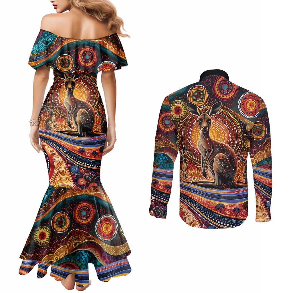 Australian Aboriginal Art Kangaroo Couples Matching Mermaid Dress and Long Sleeve Button Shirt Our Children Our Future Aboriginal Dot Painting