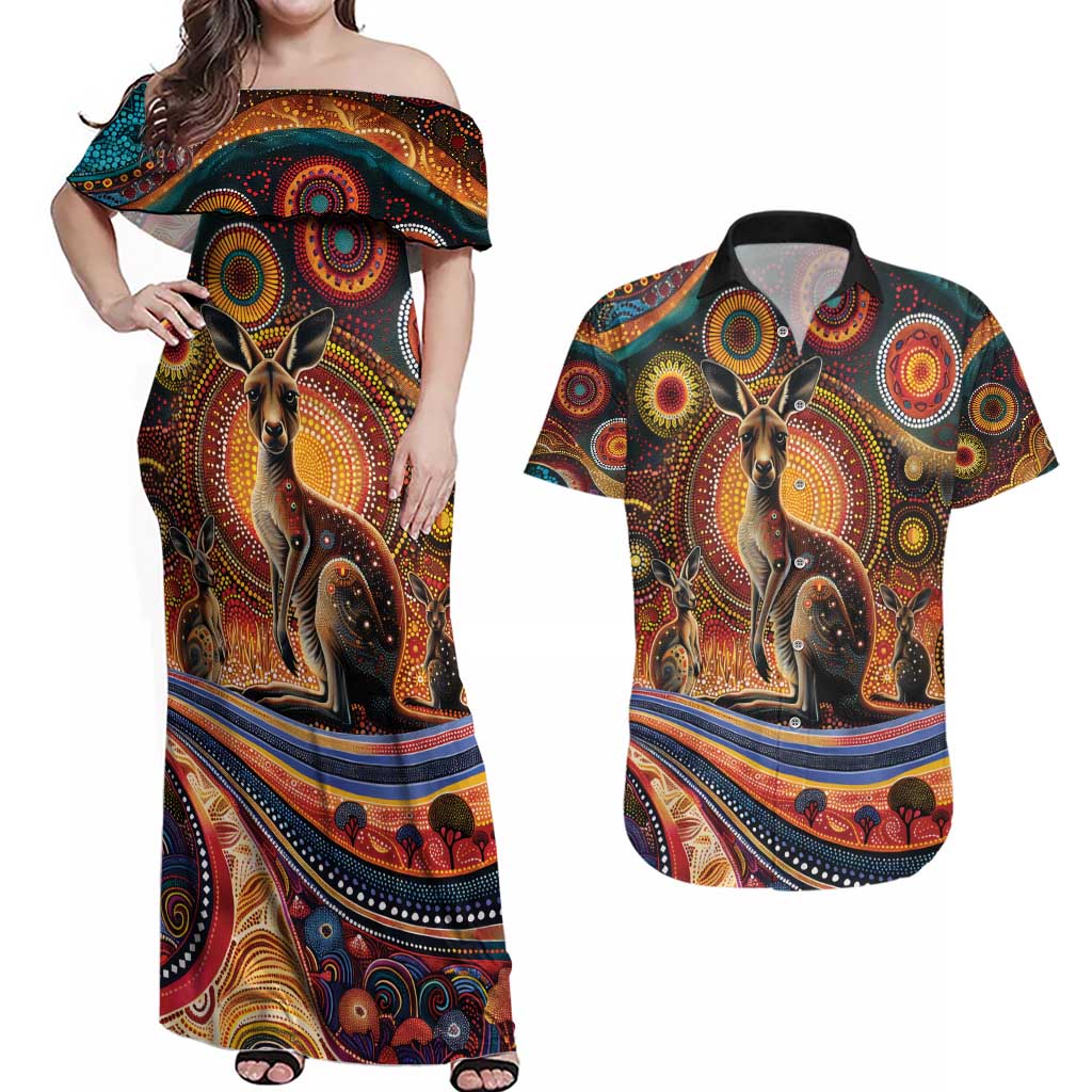 Australian Aboriginal Art Kangaroo Couples Matching Off Shoulder Maxi Dress and Hawaiian Shirt Our Children Our Future Aboriginal Dot Painting
