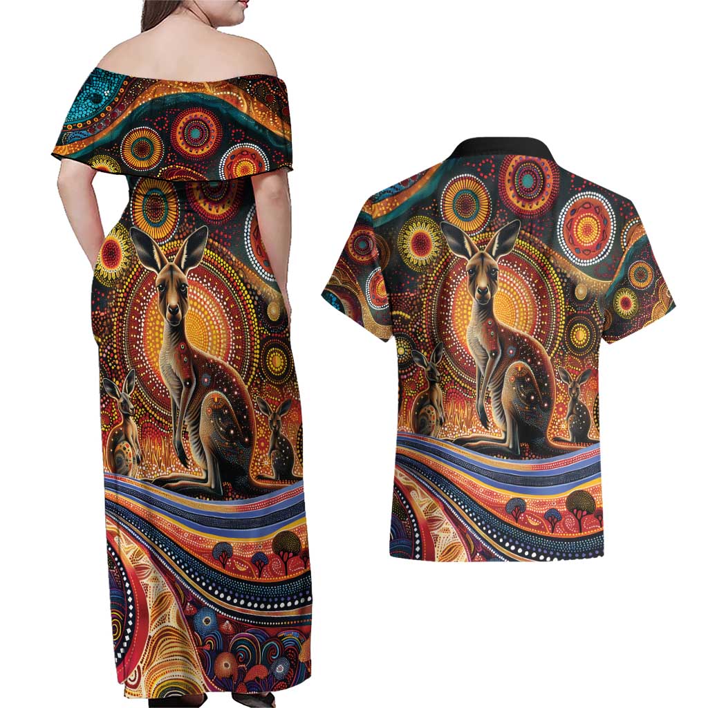 Australian Aboriginal Art Kangaroo Couples Matching Off Shoulder Maxi Dress and Hawaiian Shirt Our Children Our Future Aboriginal Dot Painting