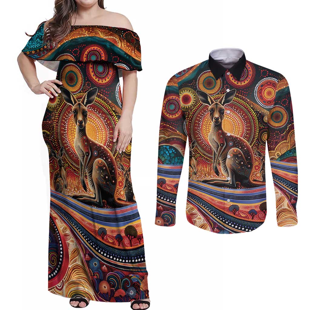 Australian Aboriginal Art Kangaroo Couples Matching Off Shoulder Maxi Dress and Long Sleeve Button Shirt Our Children Our Future Aboriginal Dot Painting