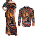 Australian Aboriginal Art Kangaroo Couples Matching Off Shoulder Maxi Dress and Long Sleeve Button Shirt Our Children Our Future Aboriginal Dot Painting