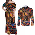 Australian Aboriginal Art Kangaroo Couples Matching Off Shoulder Maxi Dress and Long Sleeve Button Shirt Our Children Our Future Aboriginal Dot Painting