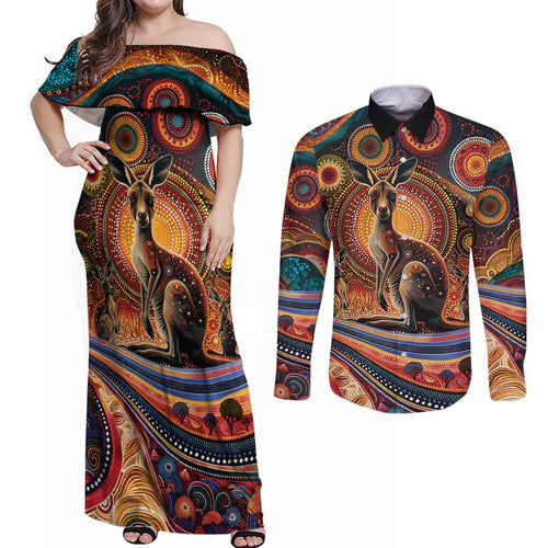 Australian Aboriginal Art Kangaroo Couples Matching Off Shoulder Maxi Dress and Long Sleeve Button Shirt Our Children Our Future Aboriginal Dot Painting