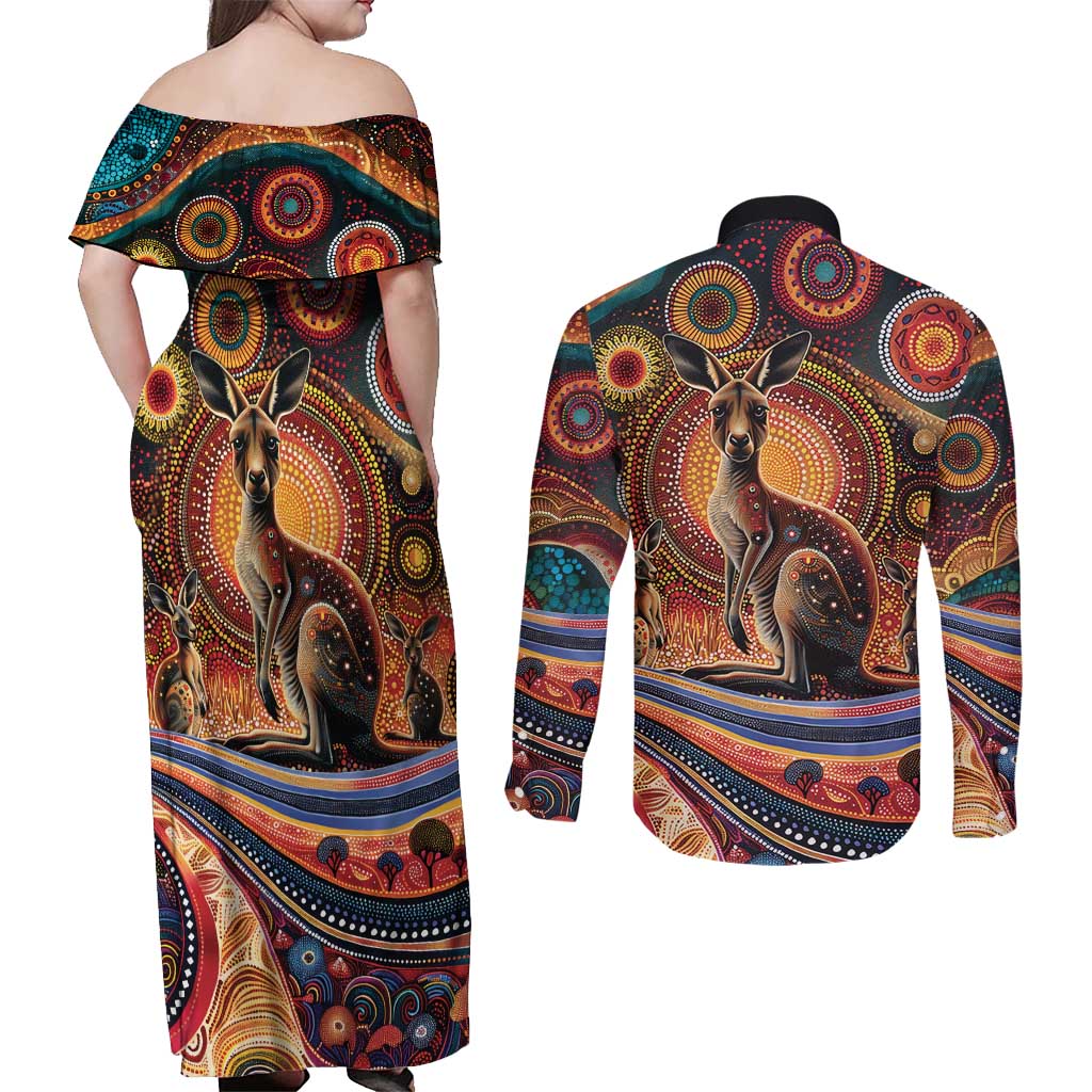Australian Aboriginal Art Kangaroo Couples Matching Off Shoulder Maxi Dress and Long Sleeve Button Shirt Our Children Our Future Aboriginal Dot Painting