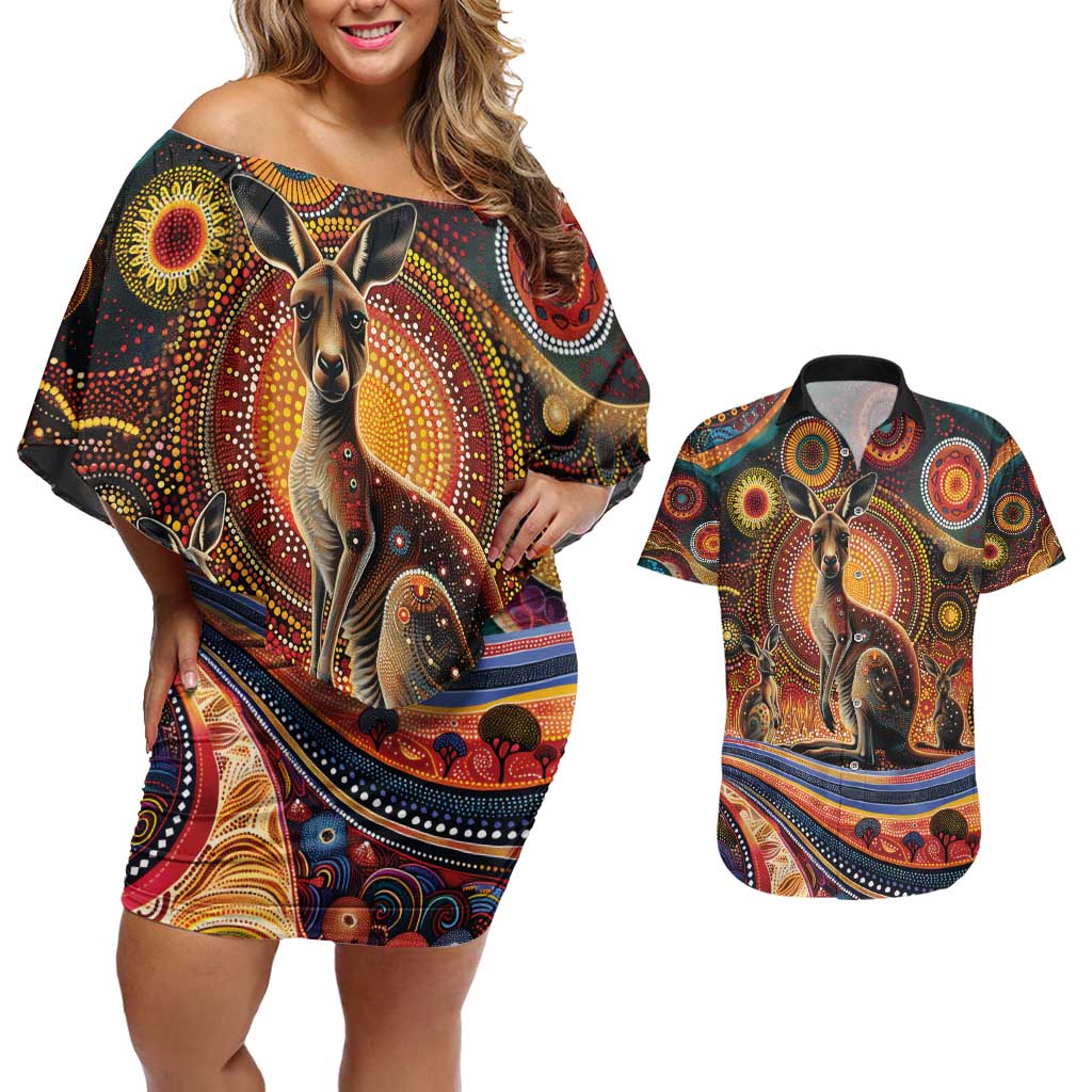 Australian Aboriginal Art Kangaroo Couples Matching Off Shoulder Short Dress and Hawaiian Shirt Our Children Our Future Aboriginal Dot Painting