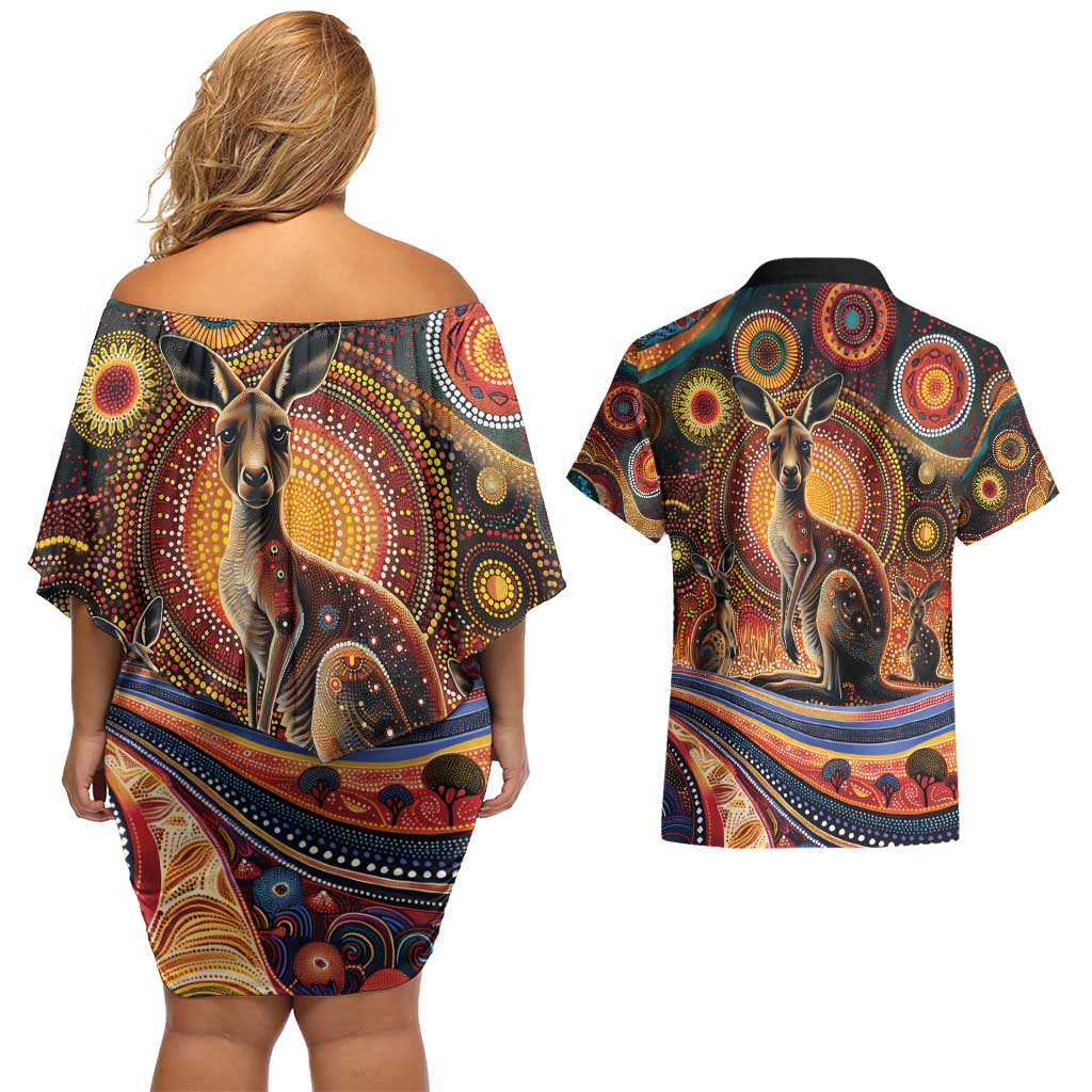 Australian Aboriginal Art Kangaroo Couples Matching Off Shoulder Short Dress and Hawaiian Shirt Our Children Our Future Aboriginal Dot Painting