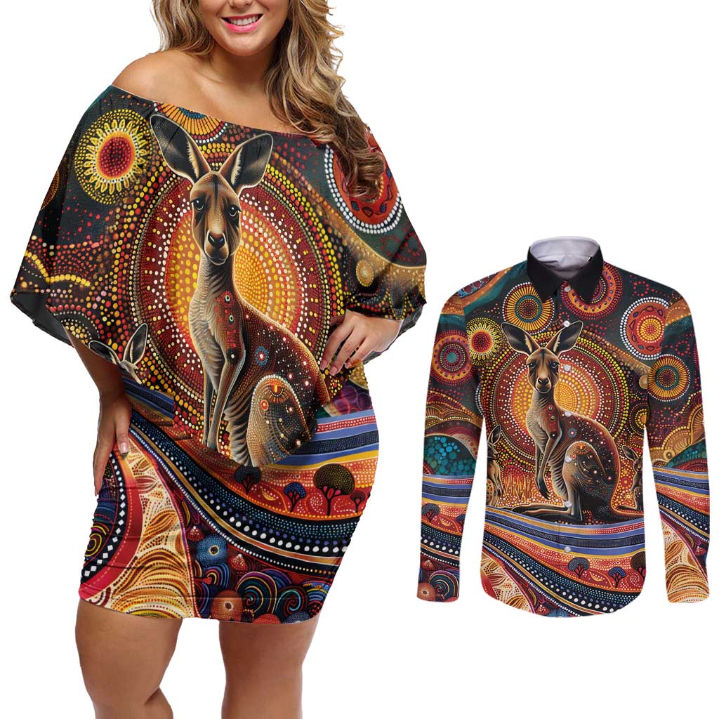 Australian Aboriginal Art Kangaroo Couples Matching Off Shoulder Short Dress and Long Sleeve Button Shirt Our Children Our Future Aboriginal Dot Painting