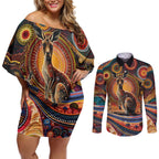 Australian Aboriginal Art Kangaroo Couples Matching Off Shoulder Short Dress and Long Sleeve Button Shirt Our Children Our Future Aboriginal Dot Painting