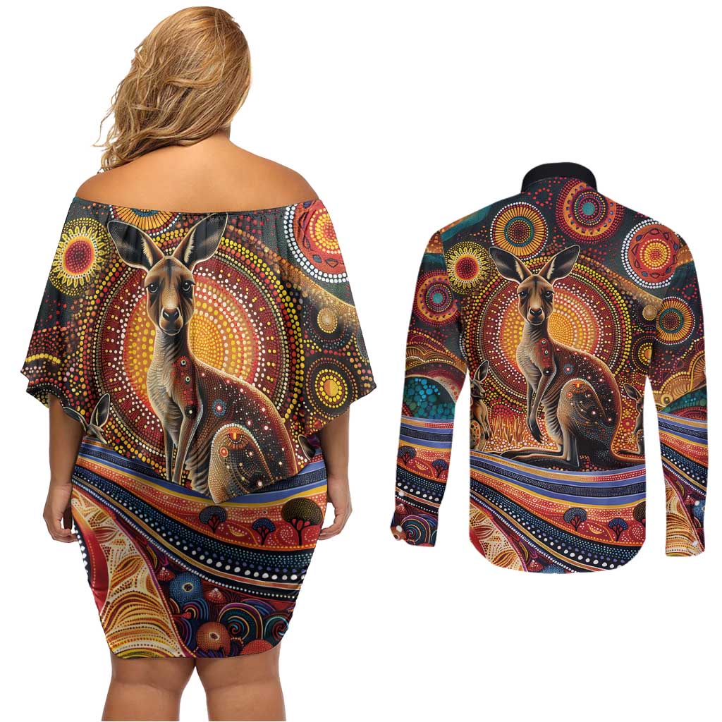 Australian Aboriginal Art Kangaroo Couples Matching Off Shoulder Short Dress and Long Sleeve Button Shirt Our Children Our Future Aboriginal Dot Painting